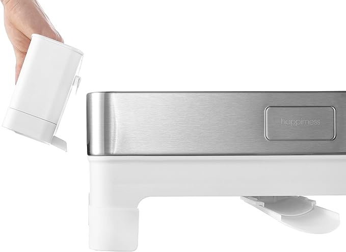happimess DSH1003B Simple 20.5' Fingerprint-Proof Stainless Steel Dish Drying Rack, Dish Rack with Swivel Spout Tray and Wine Glass Holder, Utensil Holder, Stainless Steel/White, Silver/White