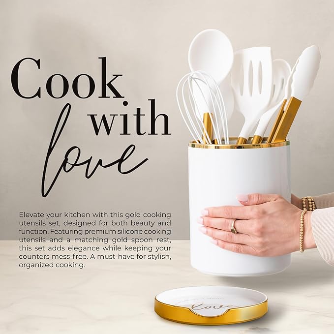 8 Piece White and Gold Kitchen Utensils – White Silicone Cooking Utensils Set, Ceramic Utensil Holder & Stackable Gold Spoon Rest –Nonstick, Non-Toxic, Heat Resistant, Luxury Kitchen Accessories
