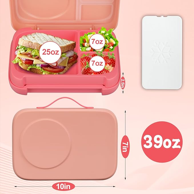 MAISON HUIS Chill Bento Lunch Box for Kids Adult with Ice Pack 3 Compartments Leakproof Lunch Containers Keep Food Cold for Girl Boy School