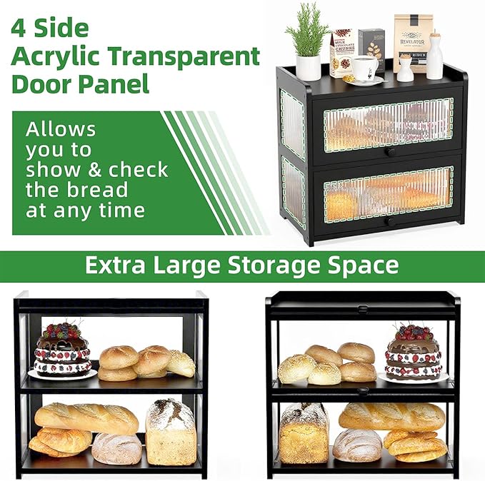 BAMBANG Extra Large Bamboo Bread Box for Kitchen Counter, Double Layer Bread Storage Container Farmhouse Bread Box with 4 Sides Transparency, Breadbox Bin Holder for Homemade Bread, Black