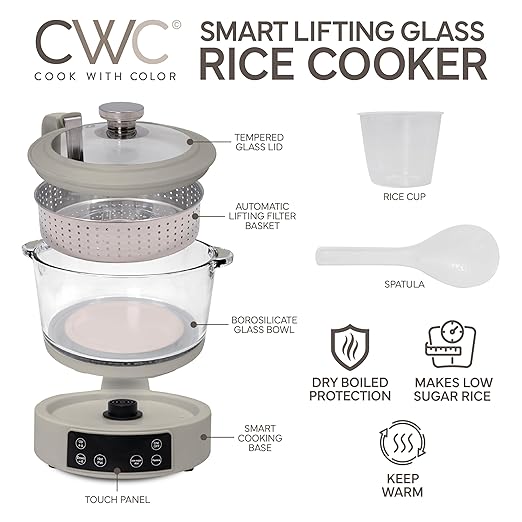 COOK WITH COLOR 3L Glass Mini Low Carb Rice Cooker – Holds 2 Cups Raw/Makes 6 Cups Cooked with Auto Lift Filter Basket, Hotpot & Steamer for Rice, Grains, Digital Panel with Keep Warm, Greige