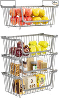 4 Pack Stackable Wire Baskets with Handles for Pantry Organizers and Storage, Fruit and Vegetable wire storage baskets, Potato and Onion Storage Bin, Metal Baskets for Organizing Snacks, Cans (Gray)