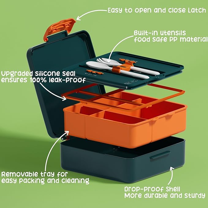Fimibuke Bento Lunch Box for Kids, Leak Proof Toddler Bento Box with 4 Compartments BPA Free Dishwasher Safe Lunch Container with Utensils, Ideal Portion Sizes for Ages 3-12 Girls Boys for School