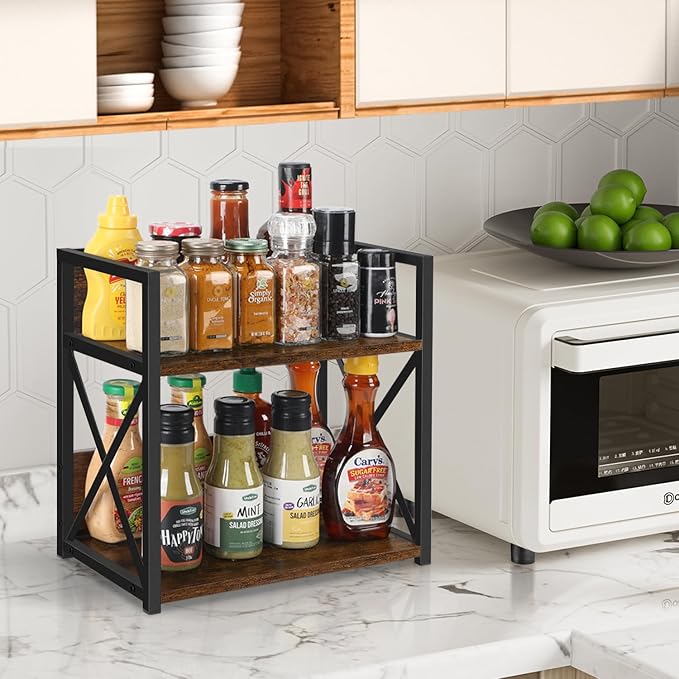 YINMIT Countertop Shelf Organizer,Coffee Bar Accessories,Spice Rack,Coffee Counter Shelf,2 Tier Coffee Organizer Station for Mugs,Cups,Cream,Syrup(Rustic Brown, Medium)
