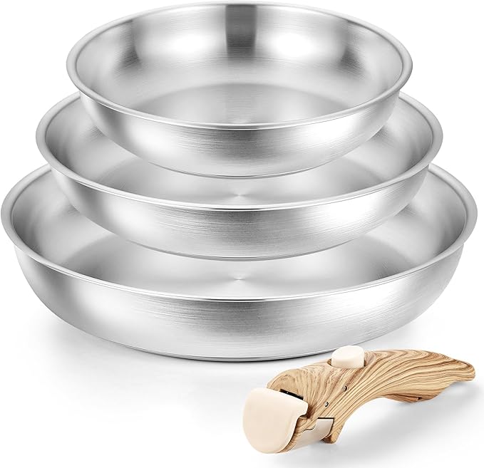 KOCH SYSTEME CS Stainless Steel Frying Pan Set, 18/10 Stainless Steel Pan Set with Stylish Removable Handles, Tri-Ply Steel Base, Save 75% Space, Induction Compatible Skillets, 8" & 9.5" & 11"