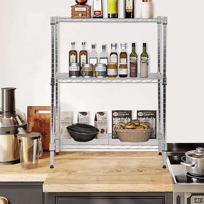 3 Tier Shelf Adjustable Wire Shelving Unit Metal Shelves with Leveling Feet Storage Rack for Kitchen Bathroom Utility Shelf Space Saving, 450lbs Capacity, 13"x23"x30"H, Chrome