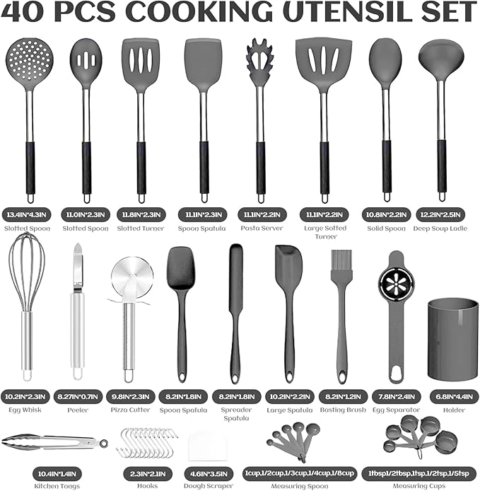 Silicone Cooking Utensils Set Utensil: 40 Pcs Black Stainless Steel Cookware Set, Nonstick Silicone Cooking Utensils Set, (Grey)
