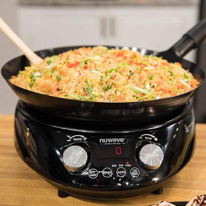 Nuwave Mosaic Induction Wok, Temp Control 100°F-575°F in 5°F, Wok Hei, Infuse Charred Aroma & Flavor, 14-inch Carbon Steel Wok, 8pc Bamboo Accessories