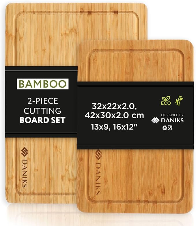 Daniks Bamboo Cutting Board Set of 2 with Juice Groove, XL 16x12 & L 13x9 in – Cutting Boards for Kitchen, Meal Prep, Serving & Charcuterie, Heavy‑Duty