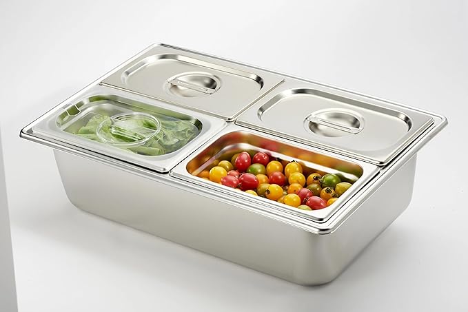 HECMAC Ice Chilled Condiment Serving Container (4 Pan), 2 Types of Lids, Drain Tray, 23 Gauge Anti-Jam Food Pan Commercial Heavy Duty Spice Rack Set, for Kitchen Buffet Catering