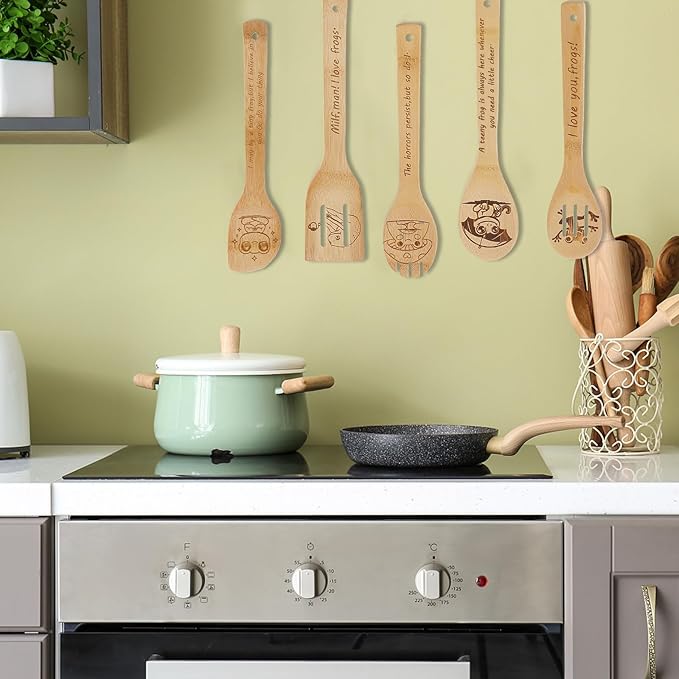 5PCS Frog Wooden Cooking Spoons Set Frog Gifts for Women Kitchen Decor Bamboo Cooking Utensil Spoons for Housewarming Wedding Anniversary Thanksgiving Christmas Gifts Mom Women