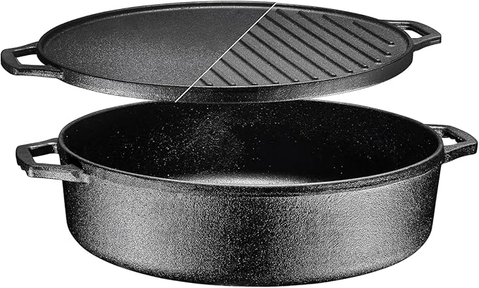 Bruntmor 6.8 Quart Cast Iron Skillet with Reversible Grill Griddle Lid - 3-in-1 Round Cast Iron Pan for Frying, Grilling, Dutch Oven Cooking - Roasting Pan with Lid, Camping Cookware, Black