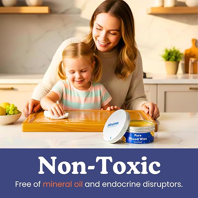 Ziruma Non-Toxic Wood Wax - Natural Wood Conditioner for Butcher Blocks, Wooden Utensils & Bowls – No Mineral Oil, No Petroleum - Pure Beeswax, Lemon & Flaxseed Oil [7 oz]