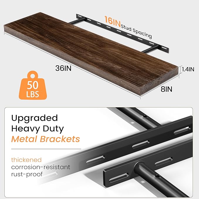 Fun Memories Floating Shelves for Wall Set of 2, Rustic Solid Elm Wood Wall Shelves 36 Inch - Invisible Bracket Mount for Living Room, Bathroom, Bedroom, Kitchen, Walnut