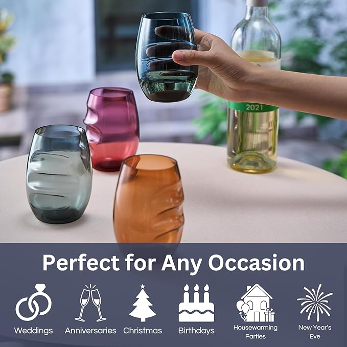 Unbreakable European Plastic Crystal, Stemless Wine Glasses | Set of 4, 13.5 OZ | Acrylic Tritan Set with 3-Finger Indentations - Muted Colored Tumbler Set, BPA Free, Reusable, Naturally Aerates Wine