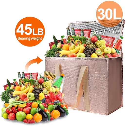 Bodaon 4-Pack Insulated Reusable Grocery Shopping Bag, X-Large Frozen Food Cold, Cooler Bags with Zippered Top, Insulated Food Delivery Bag, Gold