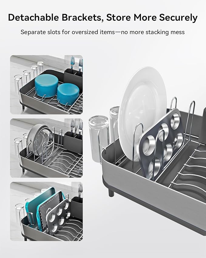 SUNLY Expandable Dish Drying Rack, Versatile Brackets for Pots & Pans, Space Saving Kitchen Drying Rack, Dish Racks for Kitchen Counter, Stainless Steel Dish Drainers with Extendable Spout, Black