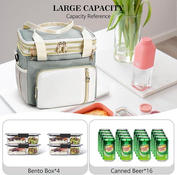 LOKASS Lunch Box & Lunch Bag for Women Men Double Deck,Large Insulated Adult Lunch Box Leakproof Lunchbox Cooler Bag for Work Picnic Beach,（Olive Green16L）