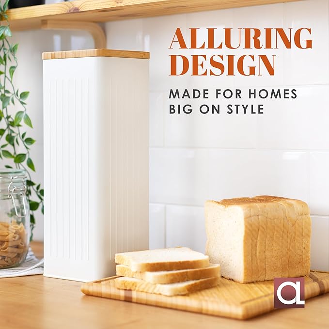 Apace Living FRESHSLICE Bread Container 2.0 | Bread Keeper with Airtight Lid | Metal Bread Box with Bamboo Lid for Homemade Bread, 5 Liter (Creamy White)