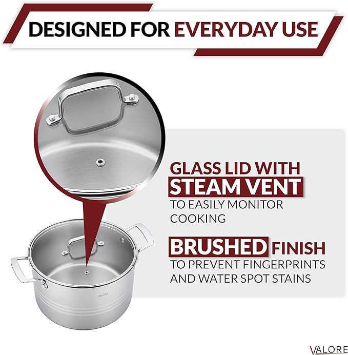 Valore 12 Qt Stainless Steel Stock Pot with Glass Lid – 5-Ply Soup Pot for Cooking & Canning – Heavy-Duty Large Cooking Pot with Brushed Stainless Finish & Riveted Handles
