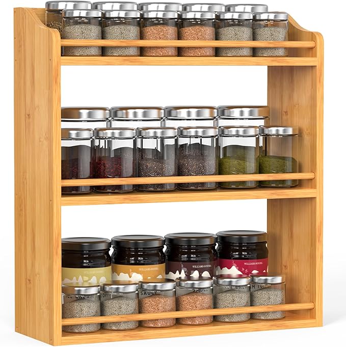 3 Tier Bamboo Spice Rack Organizer, Wood Seasoning Shelf, Spice Jars Storage Rack for Kitchen Countertop or Wall
