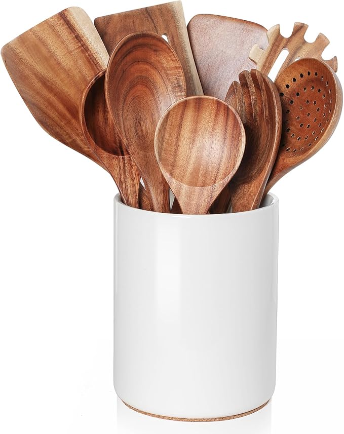 Nucookery Wooden Cooking Utensils Set with Holder, Nonstick Wooden Spoons for Cooking Spatula Set 10 Pcs, Teak Wood Kitchen Utensils Set, Ceramic Utensils Holder for Countertop, White