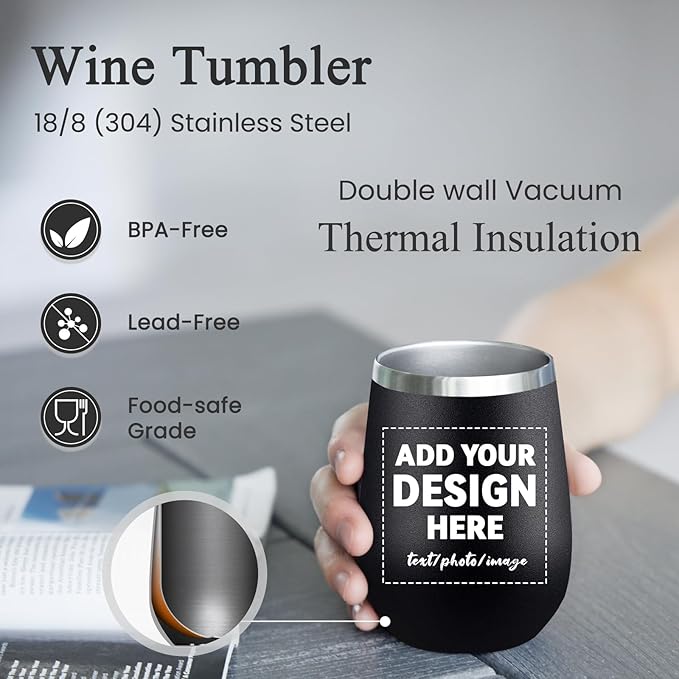 MEWAY Personalized Custom 12oz Wine Tumbler with Lid, Insulated Double Wall Vacuum Travel Tumbler Gifts with Text Photo Logo (Black, 1pack)