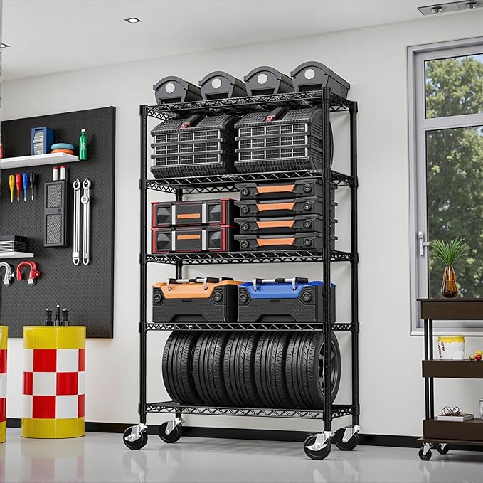 5-Tier 2200LBS Storage Shelves,Adjustable Wire Shelving for Pantry Organizers and Storage Heavy Duty Garage Shelving for Kitchen, Basement,Warehouse(Black,17,7Dx 47.2" W x 76.7" H)