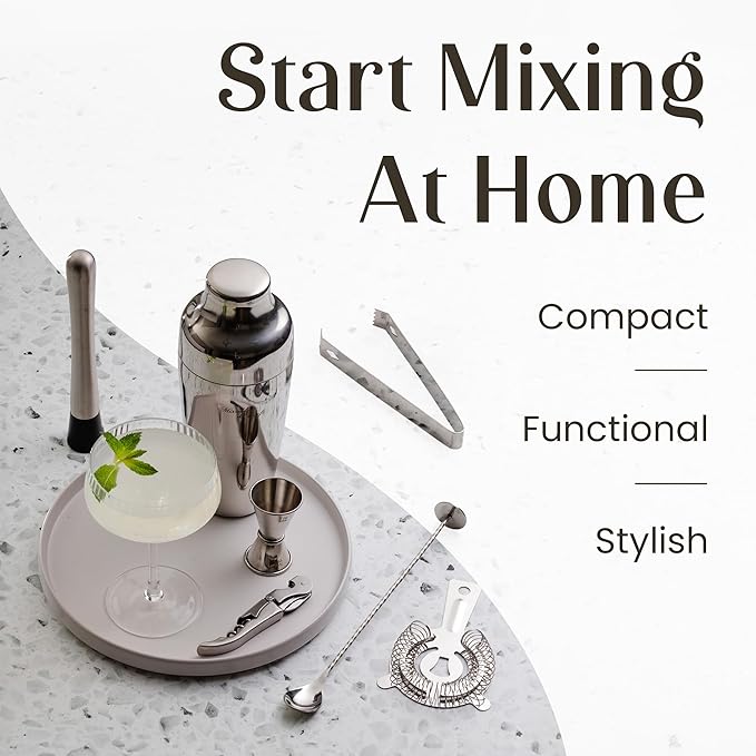 Mixology & Craft Bartender Kit: 10-Piece Cocktail Shaker Set with Dark Bamboo Stand | Complete at Home Bar Set with Bar Accessories | Great Housewarming Gift | Leak-Proof Design (Silver)