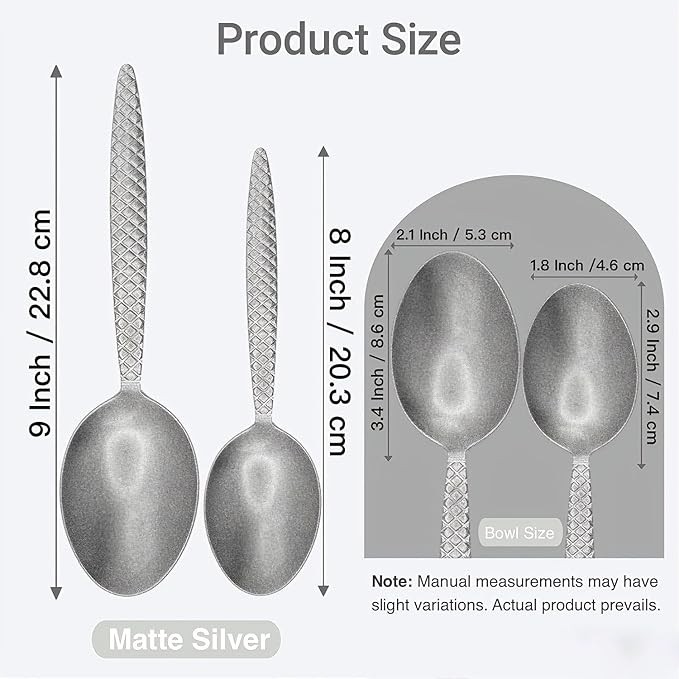 Chef Kunz Spoons - Professional Kitchen Spoon Set for Basting, Plating, Quenelle, Serving, Sauces| Vintage-inspired 8" & 9" Chef Spoon Set| Culinary Plating Tools with Non-Slip Grip (Silver)
