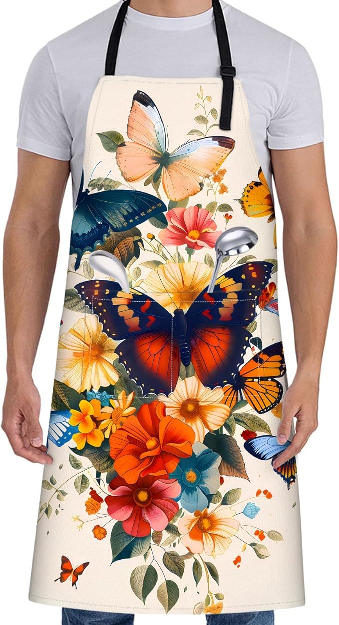 Retro Butterfly Apron for Women with Floral,28x33in,Autumn Nature Kitchen Aprons with 2 Pockets,Oxford Fabric,Artistic Adjustable Apron for Cooking Baking Gardening Chef,Gifts for Mom Wife