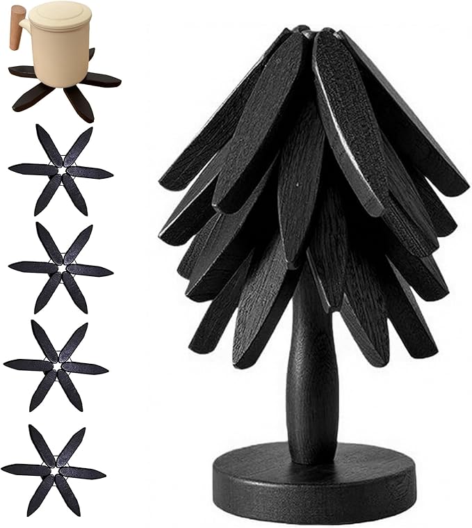 Wooden Trivets for Hot Dishes, Tree Shape Trivet Set, 4 Walnut Wood + 1 Stand stored Like a Christmas Tree,Foldable Kitchen Wooden Trivet,for Hot Dishes、Pot、Bowl、Teapot、Hot Pot Holder (Black)