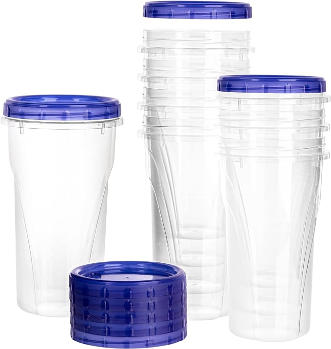 PLASTICPRO [48 oz 8 Pack] Twist Top Deli Containers Clear bottom With blue Top Twist on Lids Reusable, Stackable, Food Storage Freezer Container Pack of 8