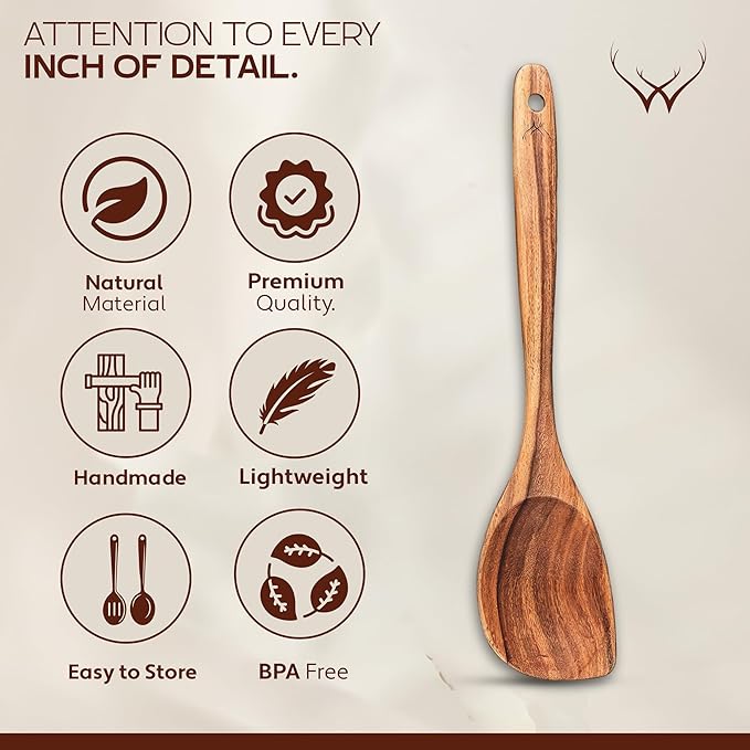 12 Inch Long Handle Teak Wooden Spoon for Cooking With Curved Corner for Complete Mixing - Comes with Large Teak Spoon Rest - This Wooden Spoons for Cooking made of Premium Natural Teak Wood
