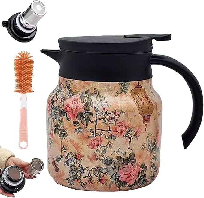 Vintage Floral Pattern Teapot – Built-In Infuser, 800ML/1000ML Heatproof Stainless Steel Teapot with Lid for Hot Drinks (Pink, 1000ml-Plastic handle)
