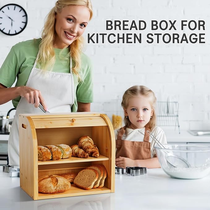 2 Tier Bamboo Bread Box for Kitchen Countertop–Bread Storage Holder, Large Capacity Bread Storage Container, with Removable Layer for Home Storage and Display (Self-assembly)