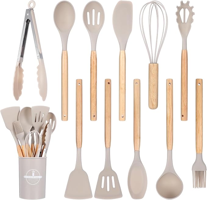 12 Pcs Kitchen Utensils Set, 446°F Heat Resistant Silicone Cooking Utensils Set, Non-Toxic Wooden Utensil Set, Kitchen Gadgets Tools Set for Nonstick Cookware, Kitchen Accessories, Khaki