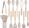 12 Pcs Kitchen Utensils Set, 446°F Heat Resistant Silicone Cooking Utensils Set, Non-Toxic Wooden Utensil Set, Kitchen Gadgets Tools Set for Nonstick Cookware, Kitchen Accessories, Khaki