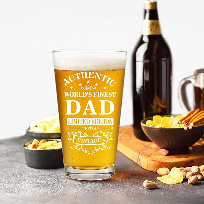 Birthday Gifts for Dad from Son Daughter, Funny Beer Glasses for Dad Husband, Best Dad Ever Gifts, 16 oz Glass Drinking Cup, Christmas Thanksgiving Retirement Sentimental Gift for Father