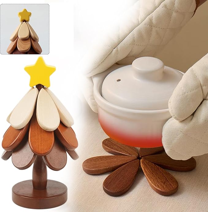 Tree Trivet for Hot Dishes, Artisanal Wooden Tree Coasters with Stand, Collapsible Trivets Tree, Christmas Tree Coasters Set of 4，2025