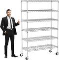 6-Tier Storage Shelves 48" x 18" x 82" Heavy Duty Metal Shelving Unit 2100Lb Capacity Adjustable Storage Racks with Wheels NSF Garage Wire Shelf for Basement Commercial, Chrome