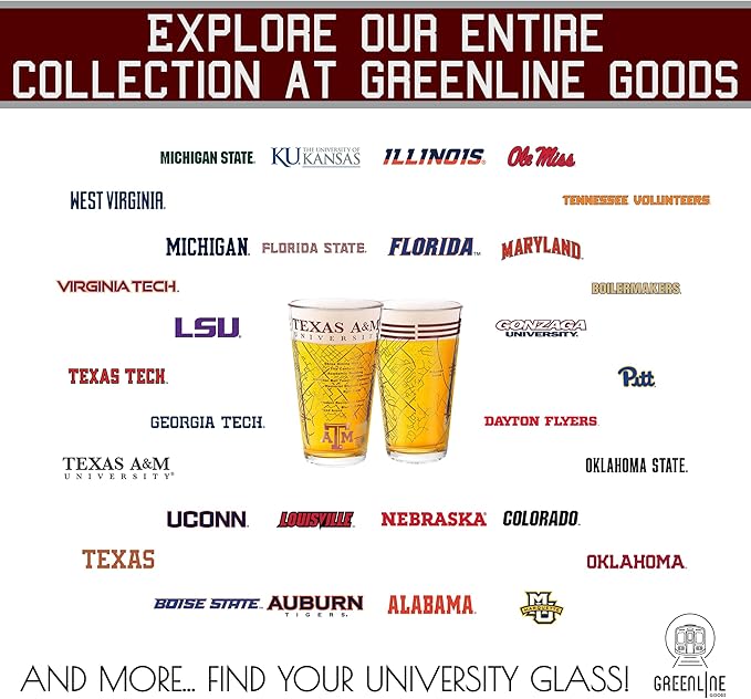 Greenline Goods – University of Texas A&M Aggies College Pint Beer Glasses (Set of 2), 16 oz – Full-Color Logo + Campus Map