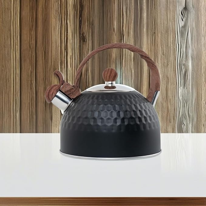 Vilihkc Whistling Stainless Steel Tea Kettle with Wood Grain Anti Heat Handle,2.6 Quart/2.5 Liter Stainless Steel Tea Kettles,Loud Whistling for Tea,Coffee,Gas Electric Applicable