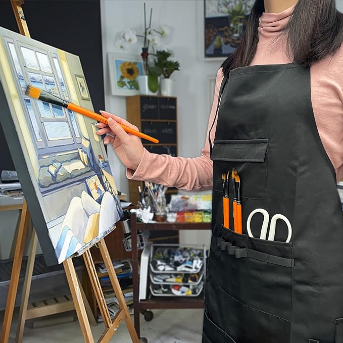 boshiho Adult Painting Aprons, Adjustable Buckle, Barber Apron with Pockets for Women/Men/Unisex, Utility or Work Apron (Black)