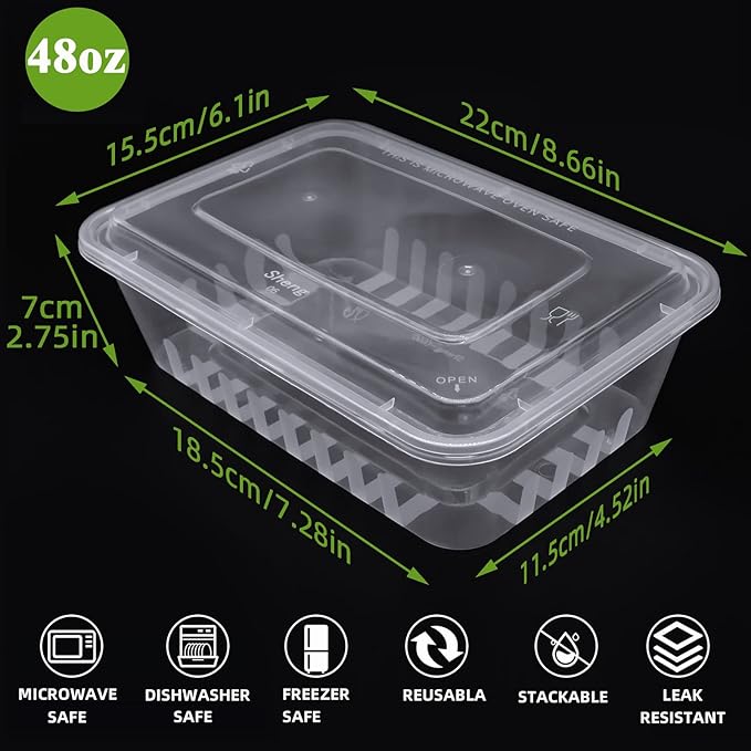 [50PK 48oz] Disposable Meal Prep Container Large For Food, Plastic Storage Containers w/Lids Freeze Microwave Safe, Clear Bento Box Stackable BPA Free Reusable