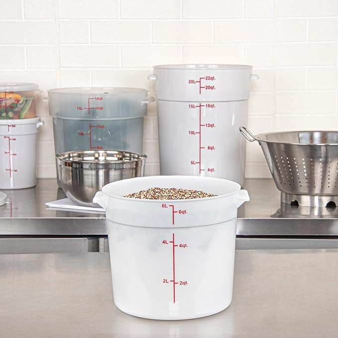 Restaurantware-Met Lux 6 Quart Food Storage Containers, 10 White Storage Containers - Lids Sold Separately, Red Volume Markers, Dishwashable Containers, Side Handles, For Storing Foods