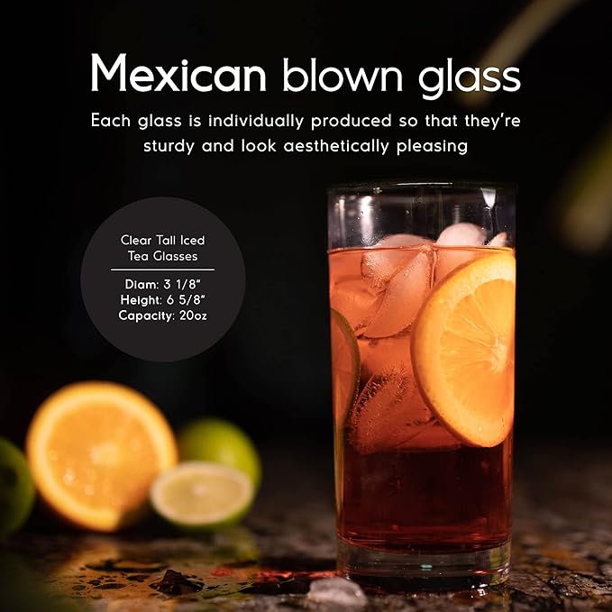 Clear 20 oz Tall Iced Tea Glasses (set of 6), Hand Blown Mexican Glassware, Recycled Glass Drinking Glasses, Lead-Free, Cocktail Margarita Glasses, Wine Glasses, Shot Glasses, Whiskey Glasses (IceTea)