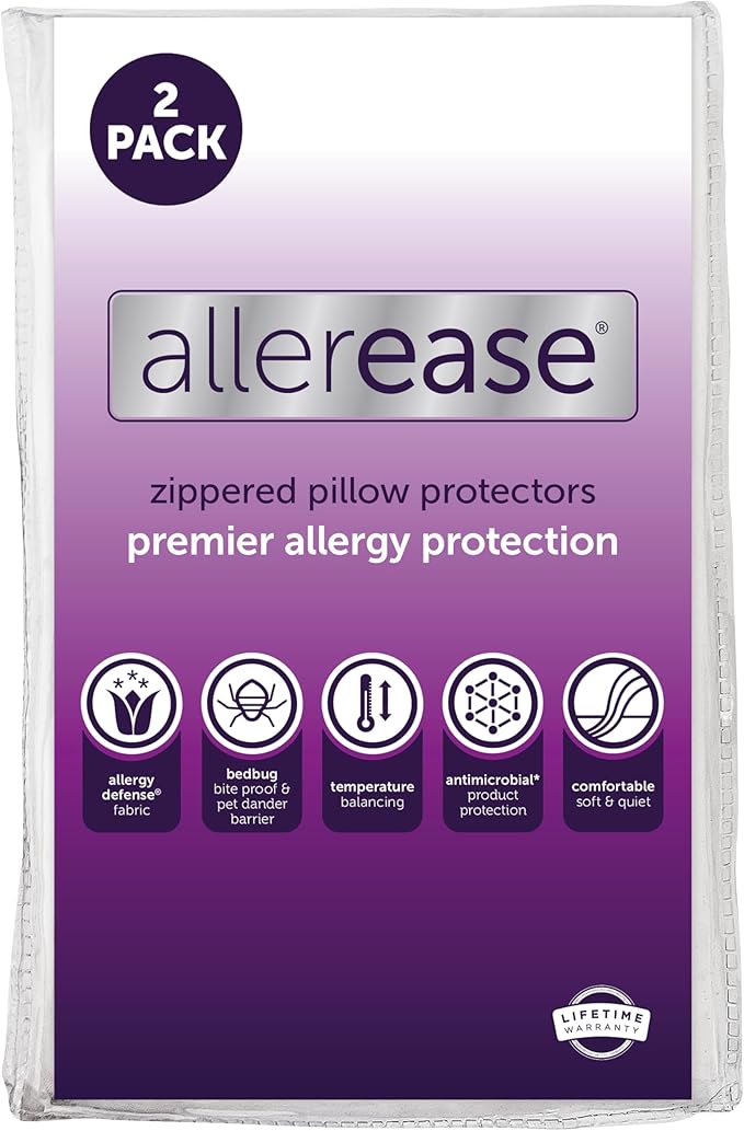 Set of 2 King AllerEase Pillow Protectors - Temperature Balancing, Allergist Recommended - Premium Breathable, Zippered Protectors