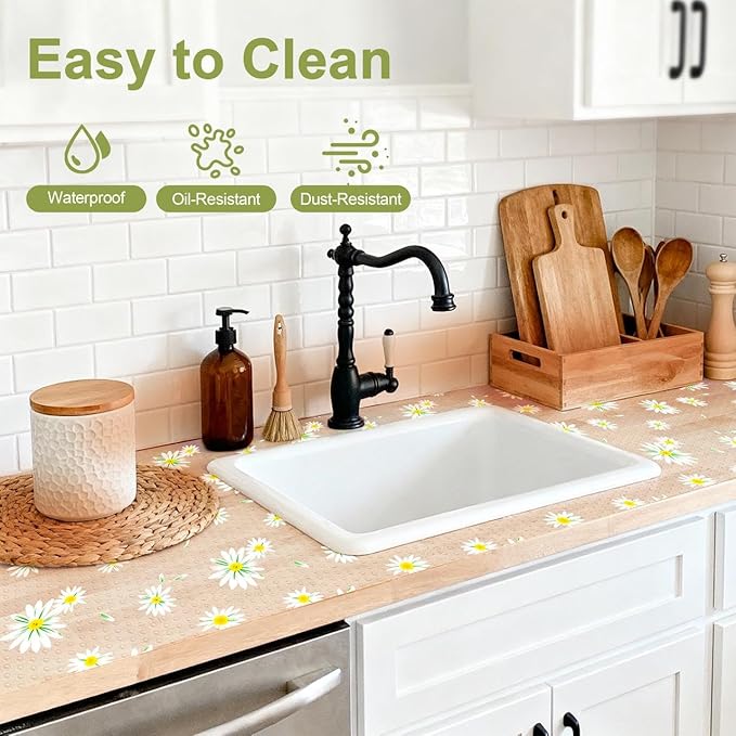FEXIA Shelf Liner 12 Inch x 20 FT Daisy Non Slip Waterproof Cabinet and Drawer Liner for Kitchen Cabinet Refrigerator Pantry Closet Durable Non Adhesive