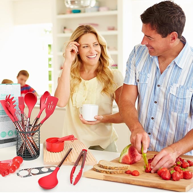 Red Kitchen Utensil Set with Holder, 22 Pcs Silicone Cooking Utensils Set for Nonstick Cookware, Heat Resistance Spatula Set, Stainless Steel Handle Kitchen Gadgets Utensils Set